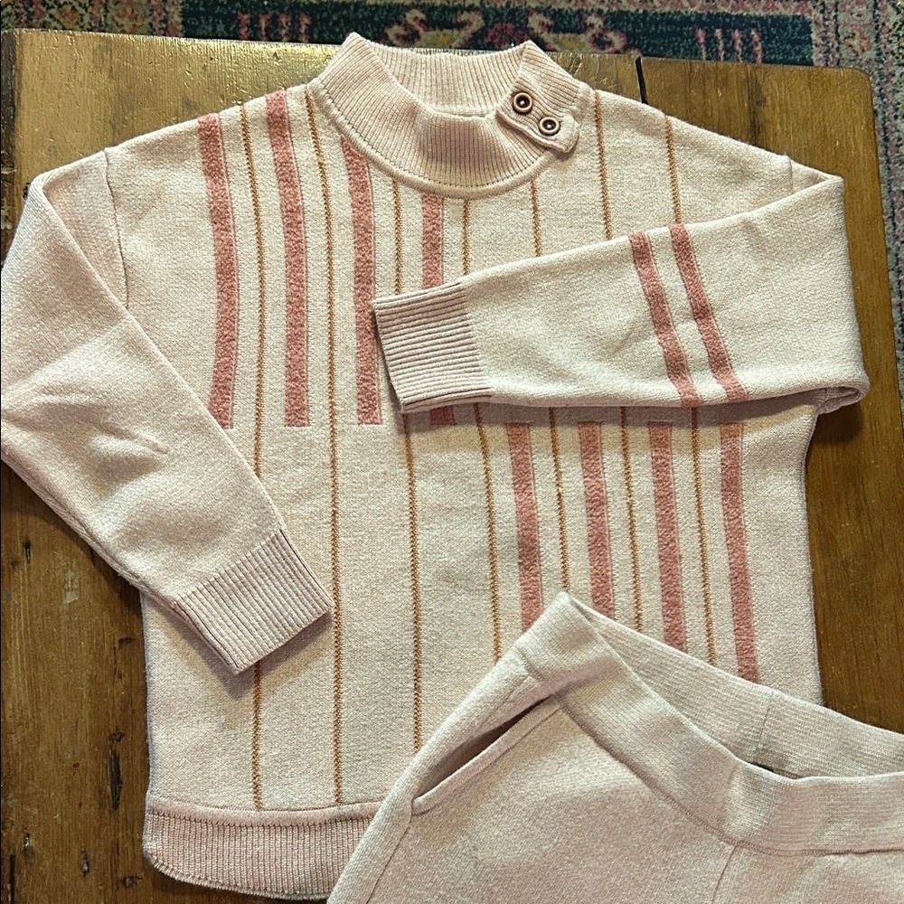 Vintage Blush Pink Knit Lounge Set | 70s Style Cozy Matching Sweater Set (S-M)